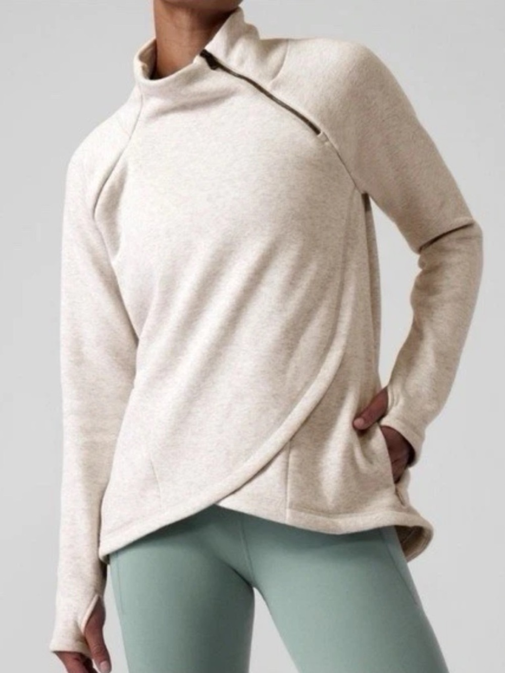 Athleta | Cozy Karma Asym Pullover Womens Size XS Heathered Cream Beige Sweater